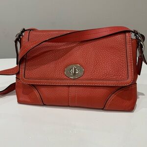 Coach Coral Orange Pebbled Leather Shoulder Bag with Turn-Lock